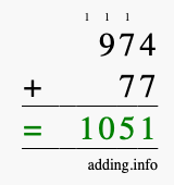 Calculate 974 + 77 using long addition
