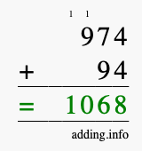 Calculate 974 + 94 using long addition