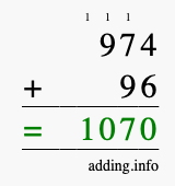 Calculate 974 + 96 using long addition