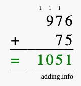 Calculate 976 + 75 using long addition