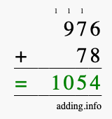 Calculate 976 + 78 using long addition