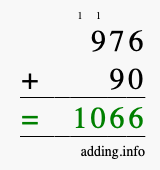 Calculate 976 + 90 using long addition