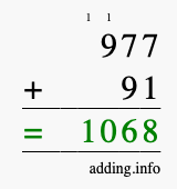 Calculate 977 + 91 using long addition