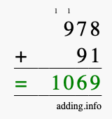 Calculate 978 + 91 using long addition