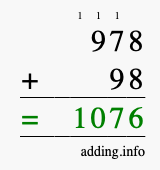 Calculate 978 + 98 using long addition