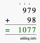 Calculate 979 + 98 using long addition