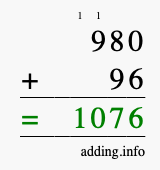 Calculate 980 + 96 using long addition