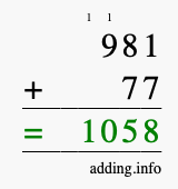 Calculate 981 + 77 using long addition