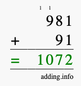 Calculate 981 + 91 using long addition