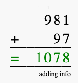 Calculate 981 + 97 using long addition