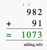 Calculate 982 + 91 using long addition