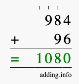 Calculate 984 + 96 using long addition