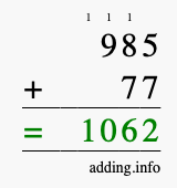 Calculate 985 + 77 using long addition