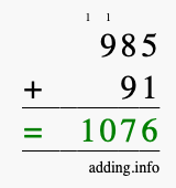 Calculate 985 + 91 using long addition