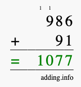Calculate 986 + 91 using long addition