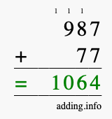 Calculate 987 + 77 using long addition