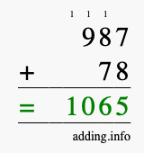 Calculate 987 + 78 using long addition
