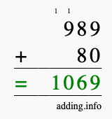 Calculate 989 + 80 using long addition