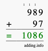 Calculate 989 + 97 using long addition