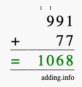 Calculate 991 + 77 using long addition