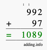 Calculate 992 + 97 using long addition