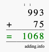 Calculate 993 + 75 using long addition