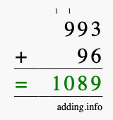 Calculate 993 + 96 using long addition