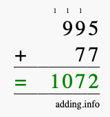 Calculate 995 + 77 using long addition