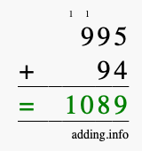 Calculate 995 + 94 using long addition