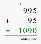 Calculate 995 + 95 using long addition