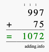 Calculate 997 + 75 using long addition