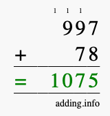 Calculate 997 + 78 using long addition