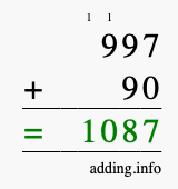 Calculate 997 + 90 using long addition