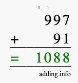 Calculate 997 + 91 using long addition