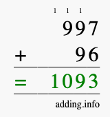 Calculate 997 + 96 using long addition