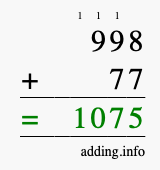 Calculate 998 + 77 using long addition