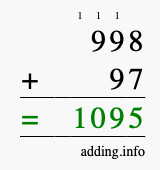 Calculate 998 + 97 using long addition