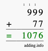 Calculate 999 + 77 using long addition