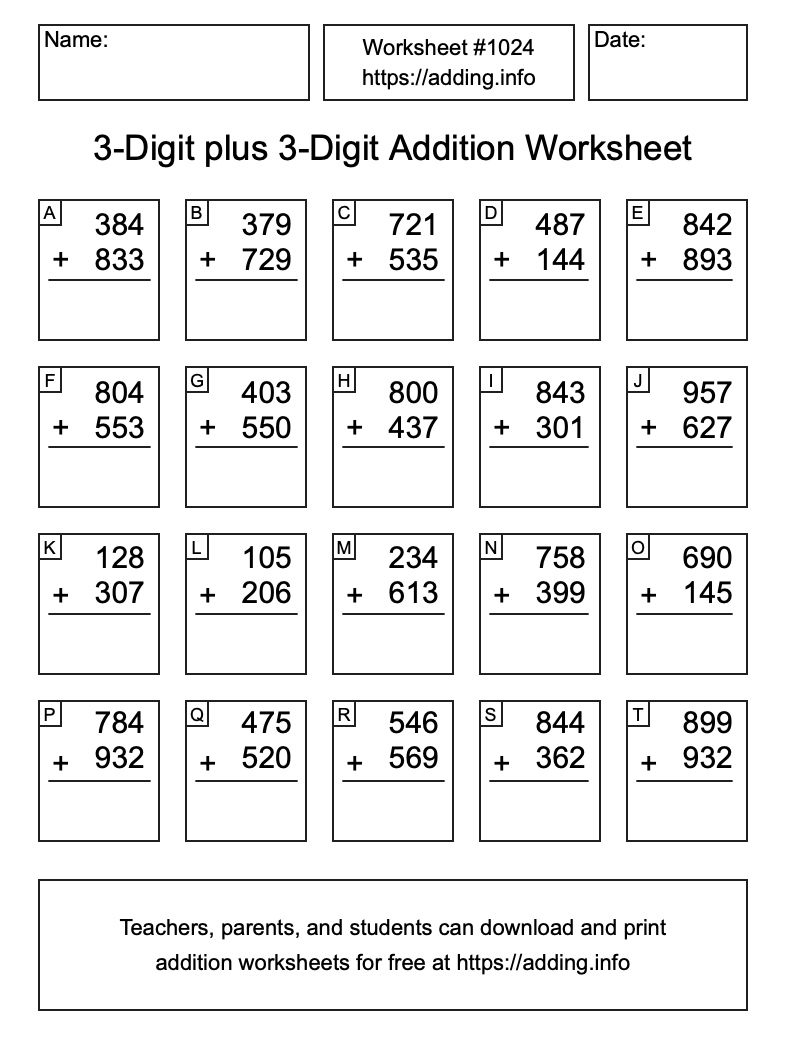 Addition Worksheet #1024 (3-Digit plus 3-Digit)