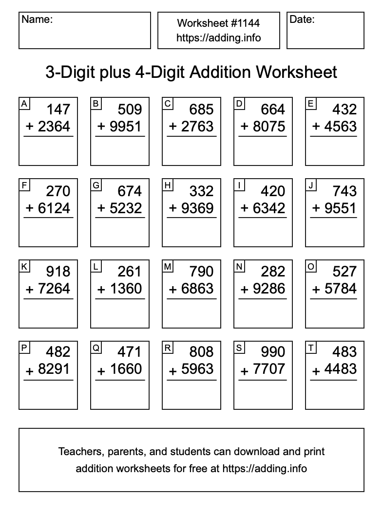 Addition Worksheet #1144 (3-Digit plus 4-Digit)