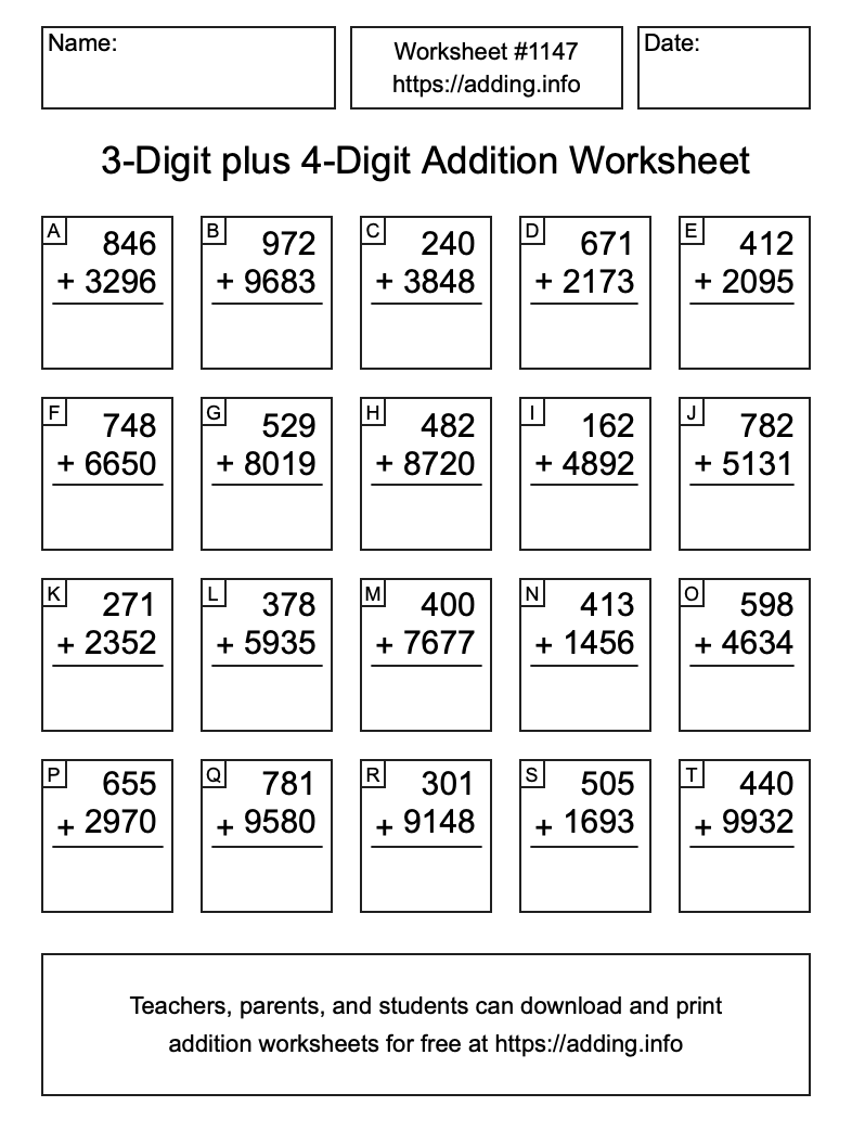 Addition Worksheet #1147 (3-Digit plus 4-Digit)