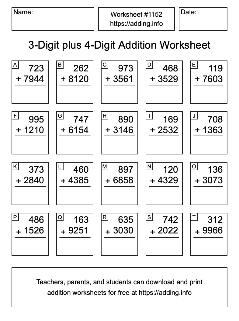 Addition Worksheet #1152 (3-Digit plus 4-Digit)