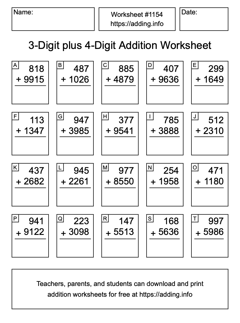 Addition Worksheet #1154 (3-Digit plus 4-Digit)