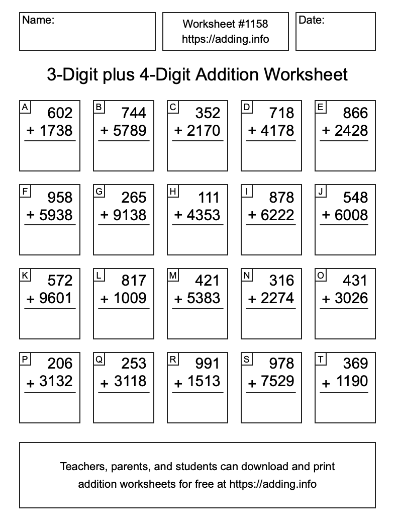 Addition Worksheet #1158 (3-Digit plus 4-Digit)