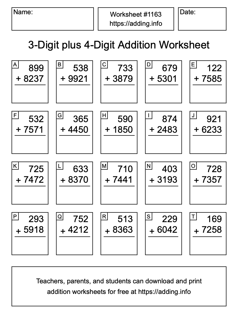 Addition Worksheet #1163 (3-Digit plus 4-Digit)