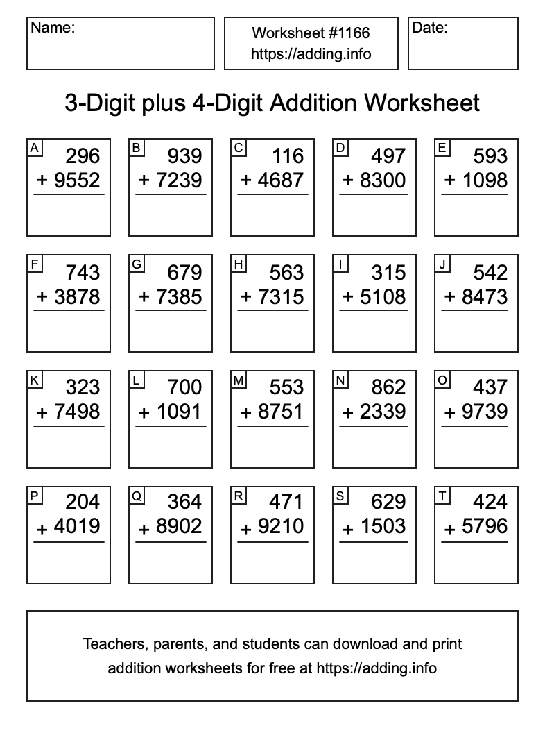 Addition Worksheet #1166 (3-Digit plus 4-Digit)