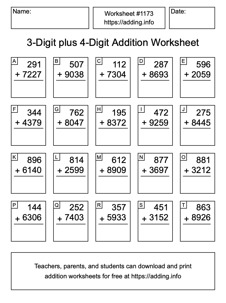 Addition Worksheet #1173 (3-Digit plus 4-Digit)