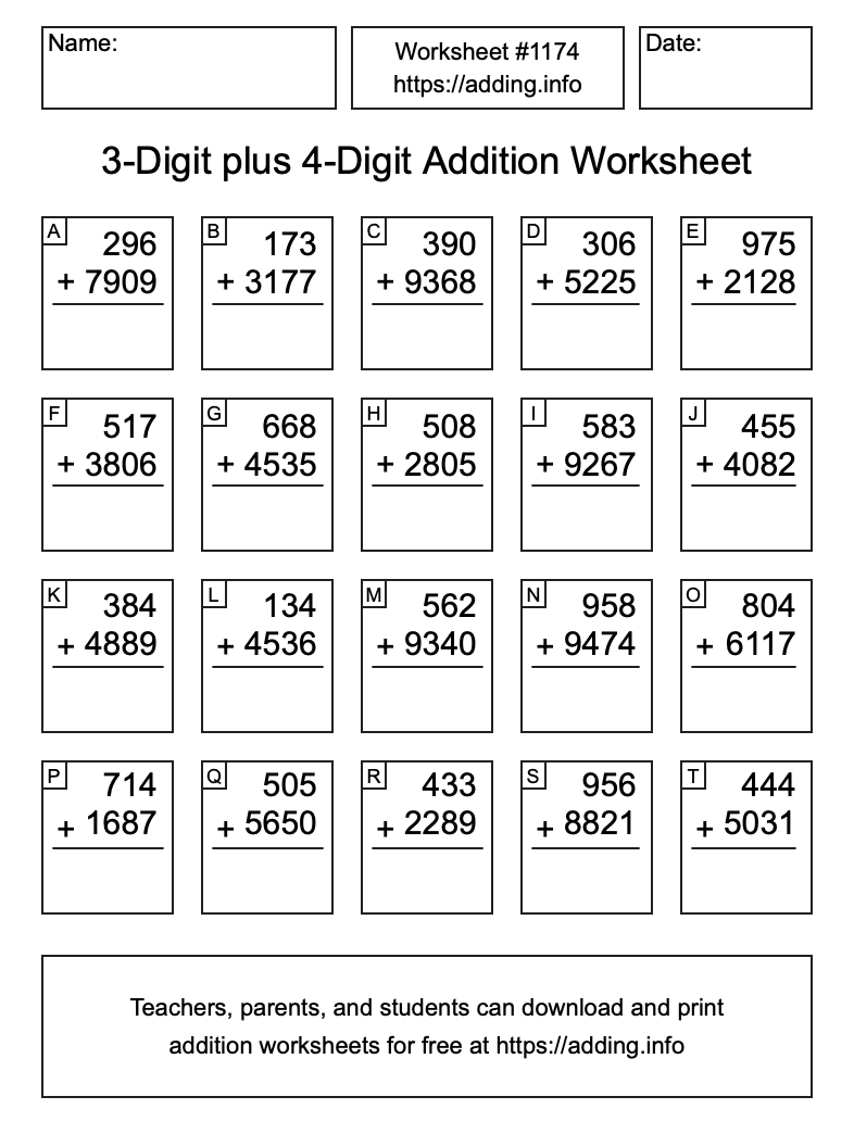 Addition Worksheet #1174 (3-Digit plus 4-Digit)