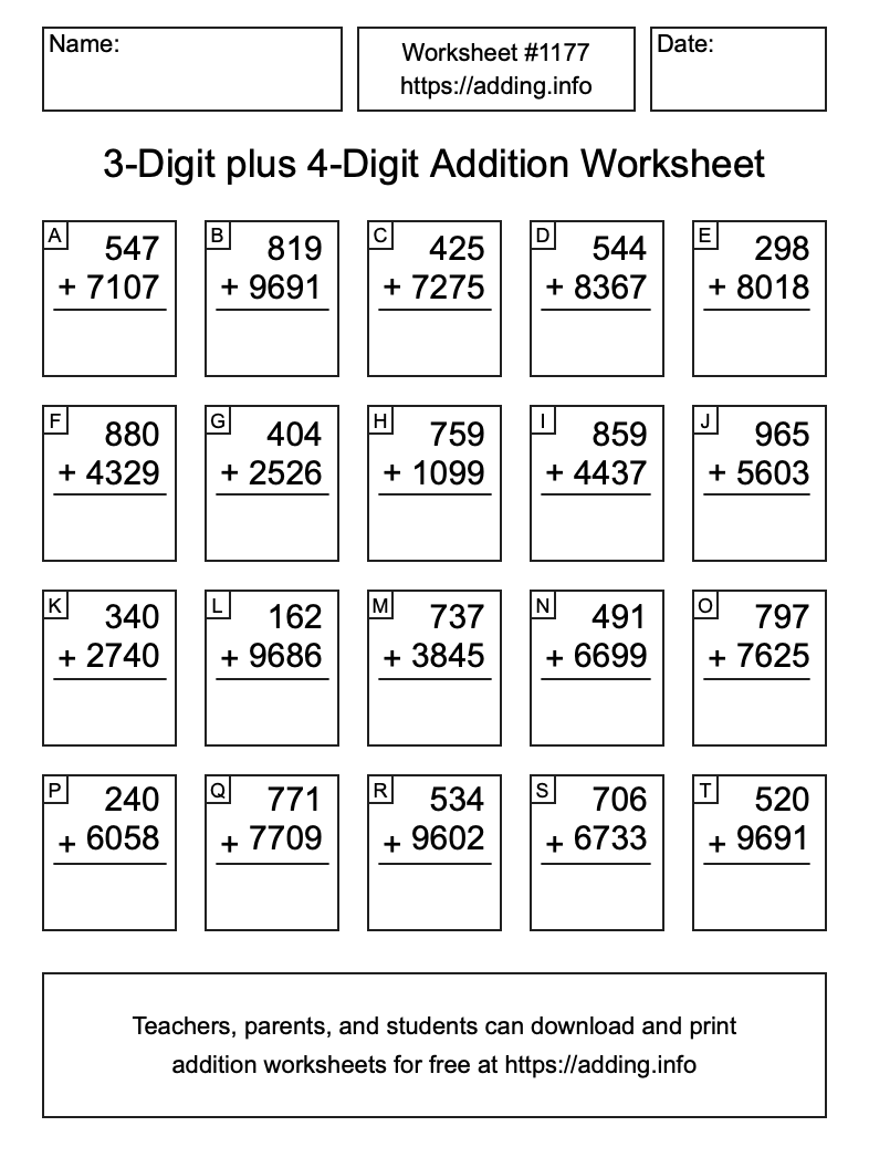 Addition Worksheet #1177 (3-Digit plus 4-Digit)