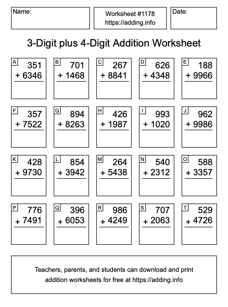 Addition Worksheet #1178 (3-Digit plus 4-Digit)